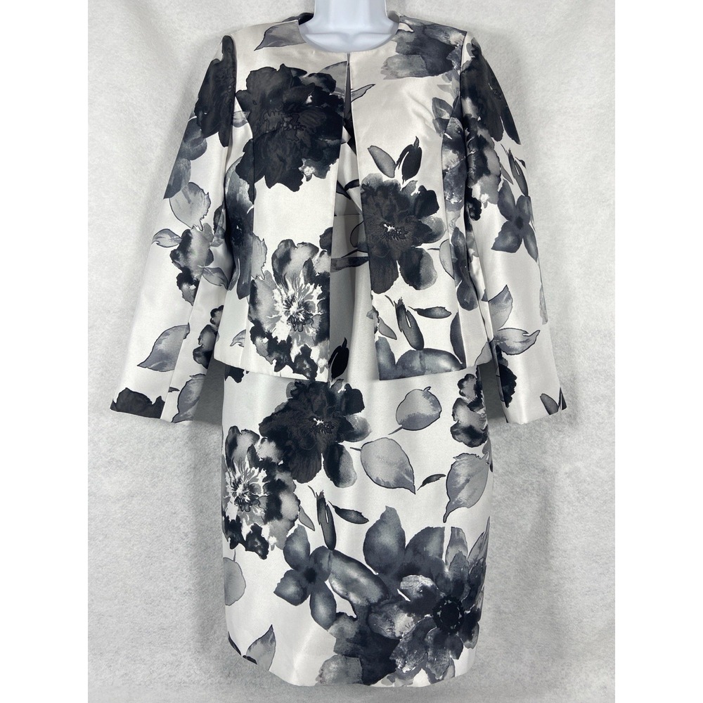 Preston & York 2PC Dress Suit Women's 8 Black White Floral Church Career EUC